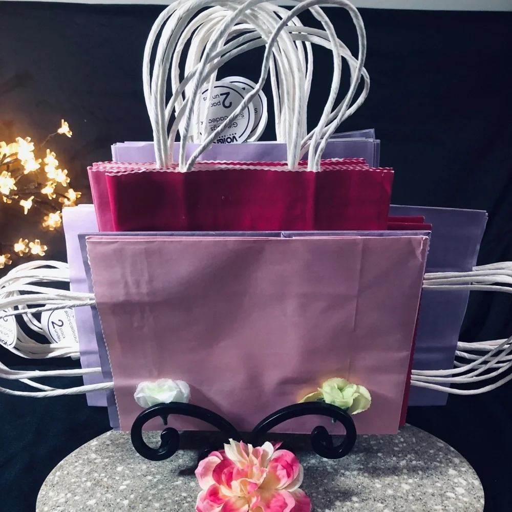 Pastel Pink Red and Lavender Gift Bag with White Twisted Handles
